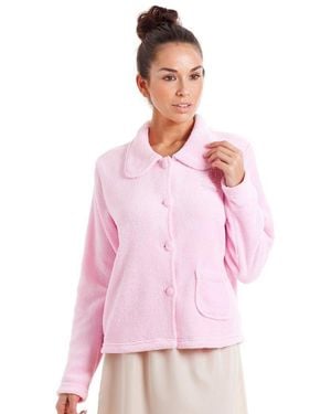 CAMILLE Soft Fleece Bed Jacket With Floral Motif - Pink
