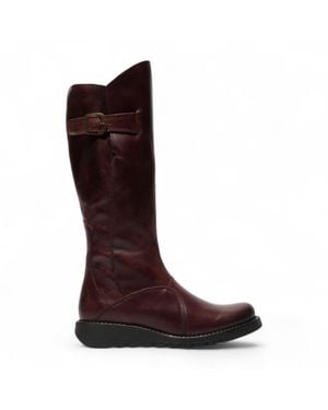 Fly London Wine Burgundy Mol 2 Leather Wedge Heel Knee High Zip Up Boots - Brown