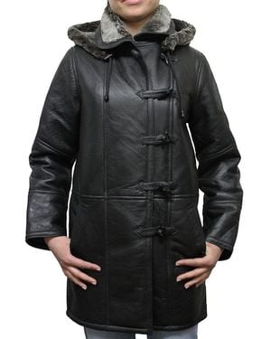 Infinity Leather Shearling Hooded Duffle Coat-Lille - Black