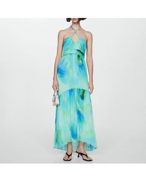 Mango Aqua Printed Halterneck Maxi Dress - Blue