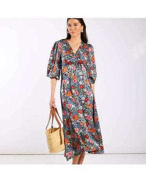 Needs No Label Multicoloured Floral Satin Midi Dress - Blue