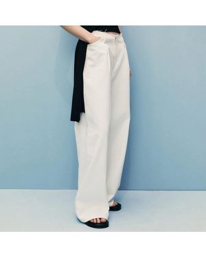 Mango Off Wide Leg Denim Trousers With Frayed Waist - Blue