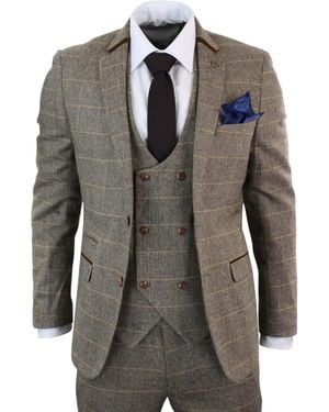 Infinity Leather 3 Piece Tan Herringbone Tweed Check Suit - Green