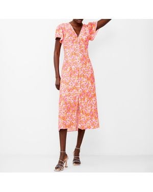 French Connection Floral Button Flutter Sleeve Dress - Red