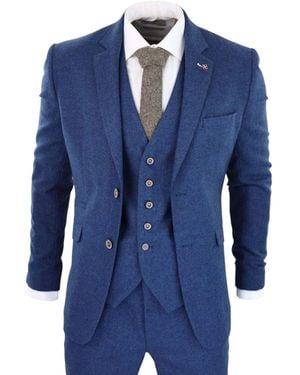Infinity Leather 3 Piece Tweed Wool Twill Vintage Classic Suit - Blue