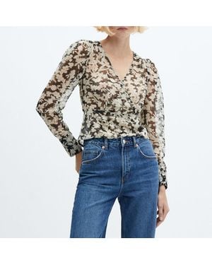 Mango Floral Print Crossover Blouse - Blue