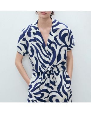 Mango Printed Crop Shirt With Knot Detail - Blue