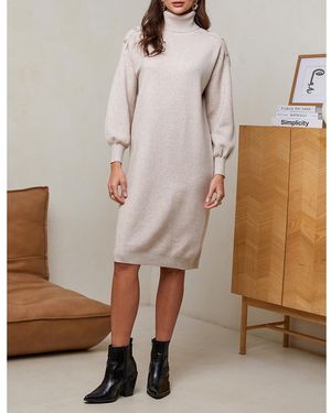 Sofiacashmere Cashmere Blend Embellished Roll Neck Dress - Natural
