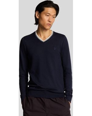 Lyle & Scott Tipped V Neck Jumper - Blue