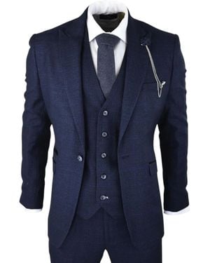 Infinity Leather 3 Piece Check Tweed Retro Classic Suit - Blue