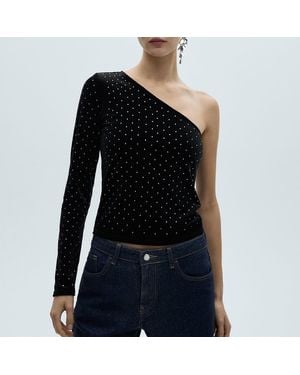 Mango Asymmetrical Velvet Top With Rhinestones - Black