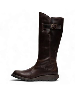 Fly London Mol 2 Leather Wedge Heel Knee High Zip Up Boots - Black
