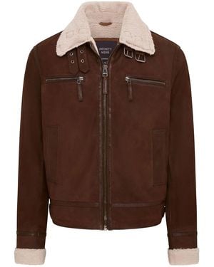 Infinity Leather Real Sheep Suede Bomber Jacket Aviator Jacket With Fur Lining - Brown