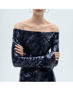 Mango Off The Shoulder Sequined Blouse - Blue