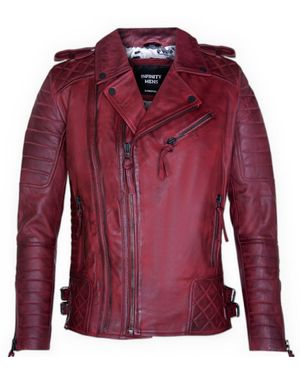 Infinity Leather Double Zip Burgundy Leather Biker Jacket-Sandbach - Red