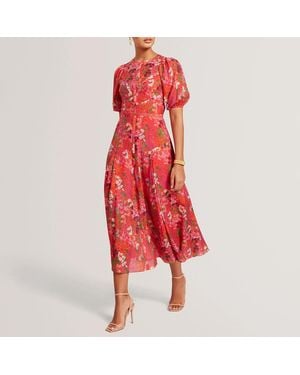 Ted Baker Sianna Blossom Print Puff Sleeve Midi Dress - Red
