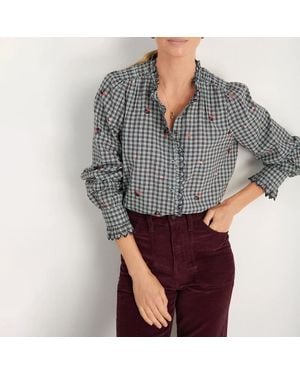 Wyse Check Floral Embroidered Keely Cotton Shirt - Grey