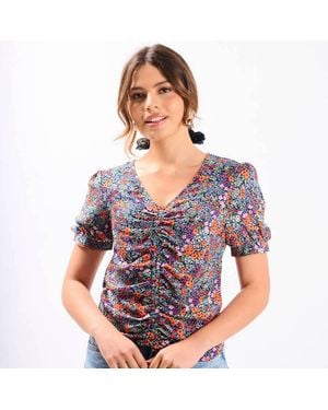 Needs No Label Multicoloured Floral Ruched Top - Blue