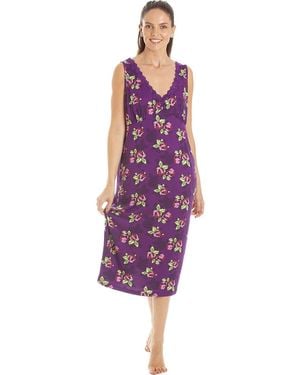 CAMILLE Floral Print Spandex Knee Length Chemise - Purple