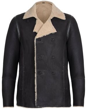 Infinity Leather Double Breasted Shearling Sheepskin Pea Coat-Valencia - Black