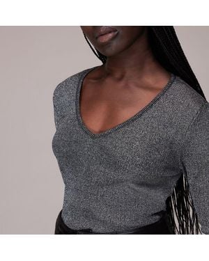 Whistles Long Sleeve Sparkle V-Neck Top - Grey