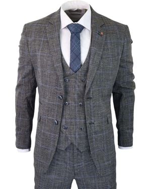 Infinity Leather 3 Piece With Check Tweed Vintage Classic Suit - Blue