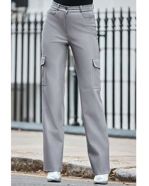 Sosandar Faux Leather Wide Leg Cargo Trousers With Pocket Detail - Grey