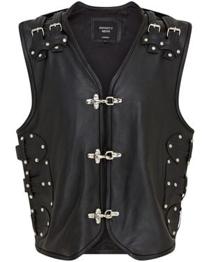 Infinity Leather Biker Leather Waistcoat Metal Buckles Vest - Black