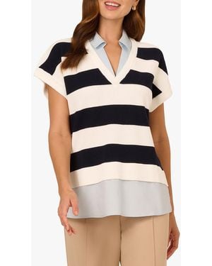 Adrianna Papell Rugby Striped Vest Twofer Jumper - Black