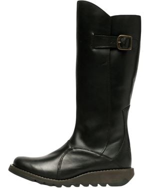 Fly London Mol 2 Leather Wedge Heel Knee High Zip Up Boots - Black