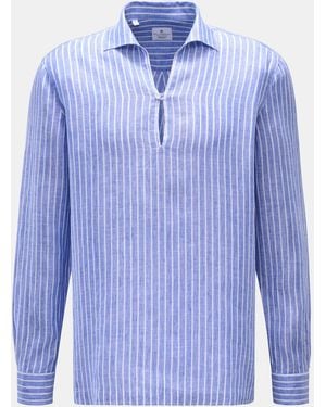 Giampaolo Leinen Popover-Hemd Haifisch-Kragen/Weiß Gestreift - Blau