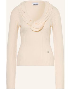Ganni Pullover mit Merinowolle und Volants - Natur