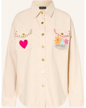 Grace Jeans-Overshirt mit Pailletten und Schmucksteinen - Natur