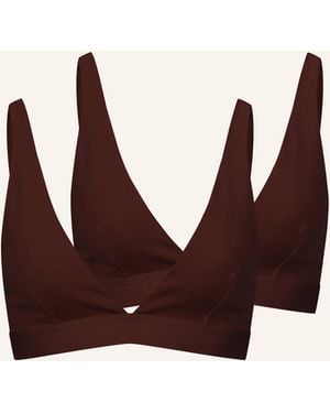 erlich textil 2er Pack Casual Cotton bügelloser Plunge BH mittlerer Halt aus Bio-Baumwolle - verstellbare Träger - Braun