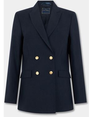 Brooks Brothers Double Breasted Hopsack Virgin Wool Blazer With Buttons - Blue