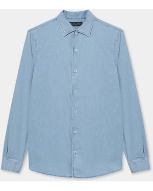 Brooks Brothers Slim Fit Denim Tencel Blend Shirt With Open Collar - Blu