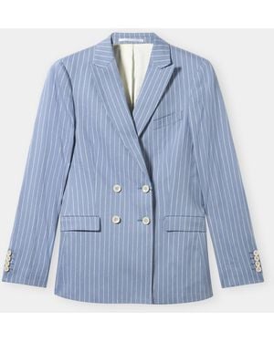Brooks Brothers Pinstripe Linen Blend Double-Breasted Blazer - Blue