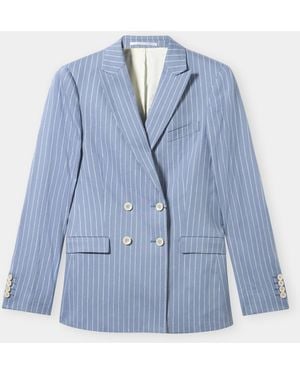 Brooks Brothers Pinstripe Linen Blend Double-Breasted Blazer - Blue