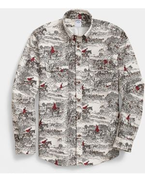 Brooks Brothers Regular Fit Printed Flannel Shirt With Button Down Collar - Grey