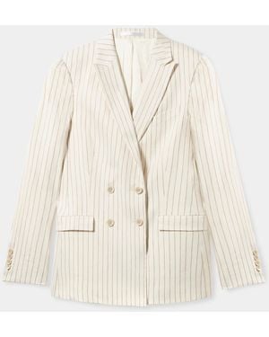 Brooks Brothers Pinstripe Linen Blend Double-Breasted Blazer - Natural