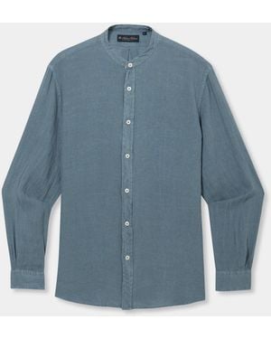 Brooks Brothers Regular Fit Linen Shirt With Stand Collar - Blue