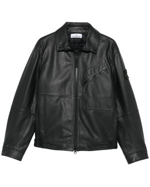 Stone Island Panelled Zip-Fastening Leather Jacket - Black