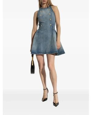 Balmain Button-Embellished Denim Dress - Blue