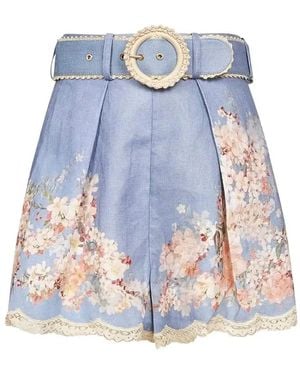 Zimmermann Floral-Print Belted Shorts - Blue
