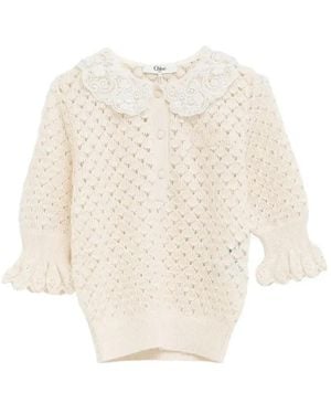 Chloé Lace-Collar Open-Knit Top - White