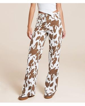 Kancan Kan Can High Rise Wide Leg Cow Print Stretch Jean - Natural