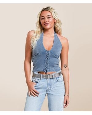 Gilded Intent Lace-Up Halter Tank Top - Blue