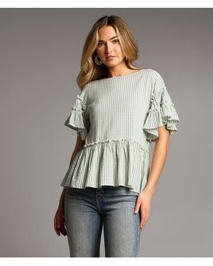 BKE Ruffle Striped Peplum Top - Gray