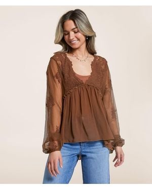 Daytrip Floral Mesh Empire Top - Brown