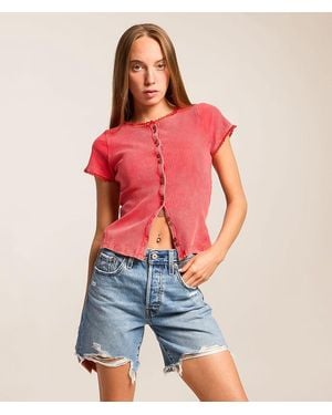 Gilded Intent Washed Lace Trim Top - Red